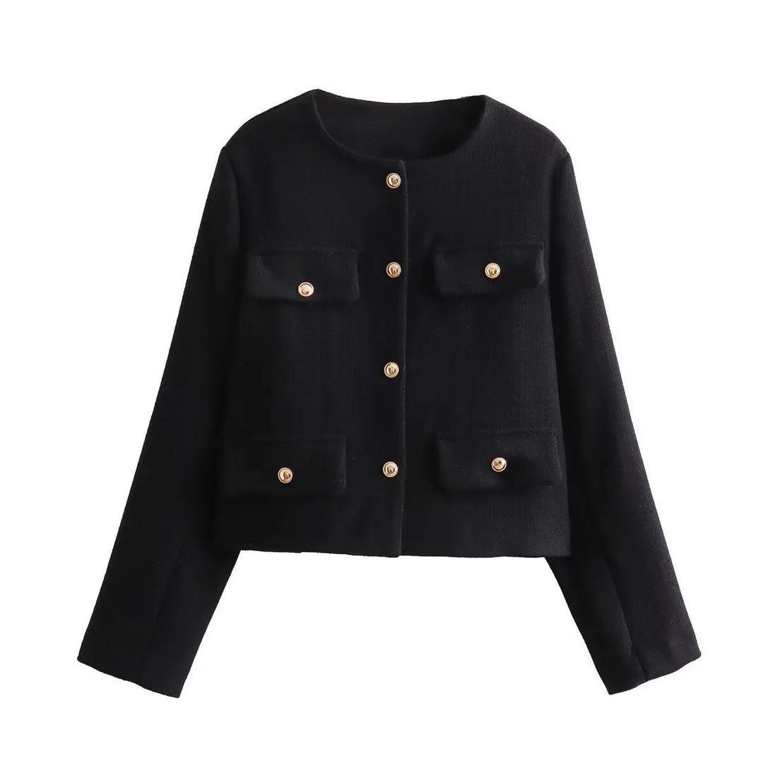 Schwarzer Damen Blazer aus Baumwollmischung, mit Knopfdetails und geradem Schnitt für einen zeitlosen Look.