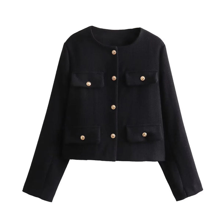 Schwarzer Damen Blazer aus Baumwollmischung, mit Knopfdetails und geradem Schnitt für einen zeitlosen Look.