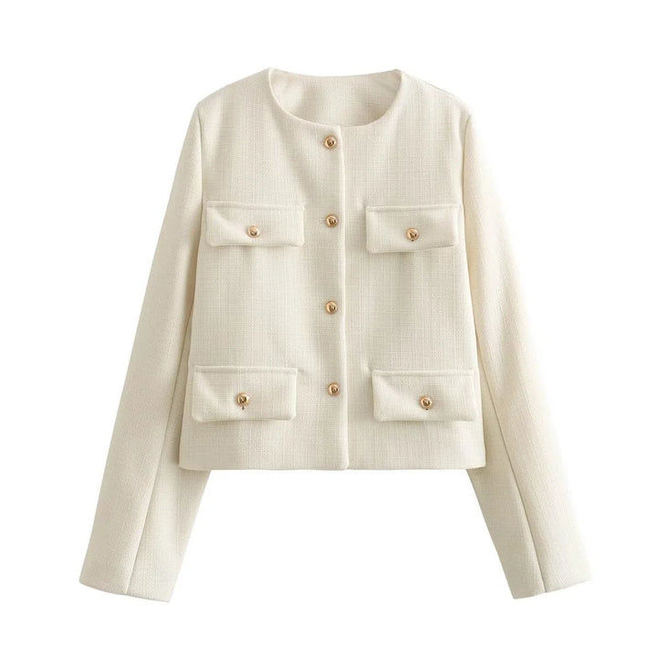 Damen Blazer in Weiß mit Knopfdetails, geradem Schnitt und leichtem Baumwollmaterial für einen angenehmen Tragekomfort.