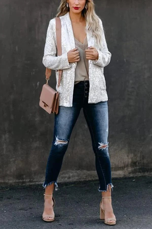 Damen Blazer aus glatt gewebtem Material mit Paillettenbesatz und elegantem Schnitt, ideal für festliche Anlässe.