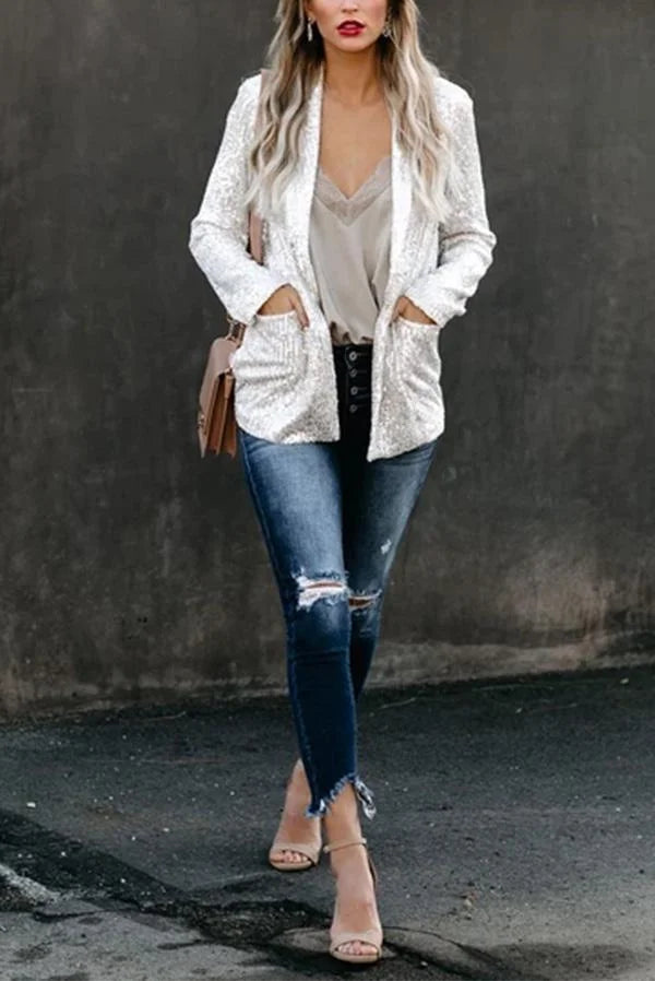 Damen Blazer mit Pailletten, elegantes Design aus Polyester, ideal für festliche Anlässe oder besondere Veranstaltungen.