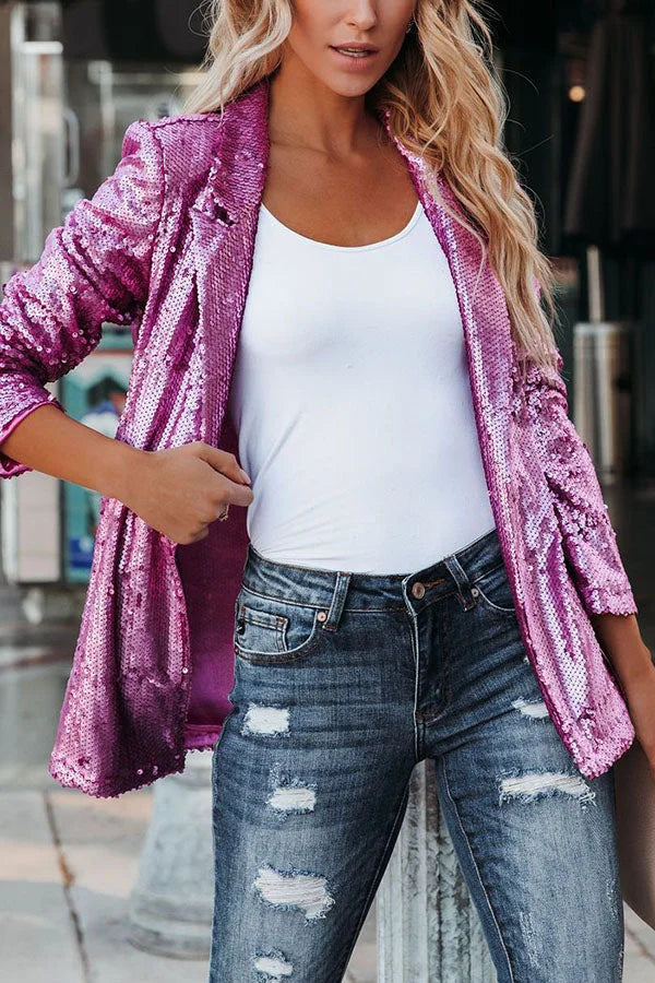 Rosa Damen Blazer aus leichtem Stoff, verziert mit Pailletten und elegantem Schnitt für besondere Anlässe.