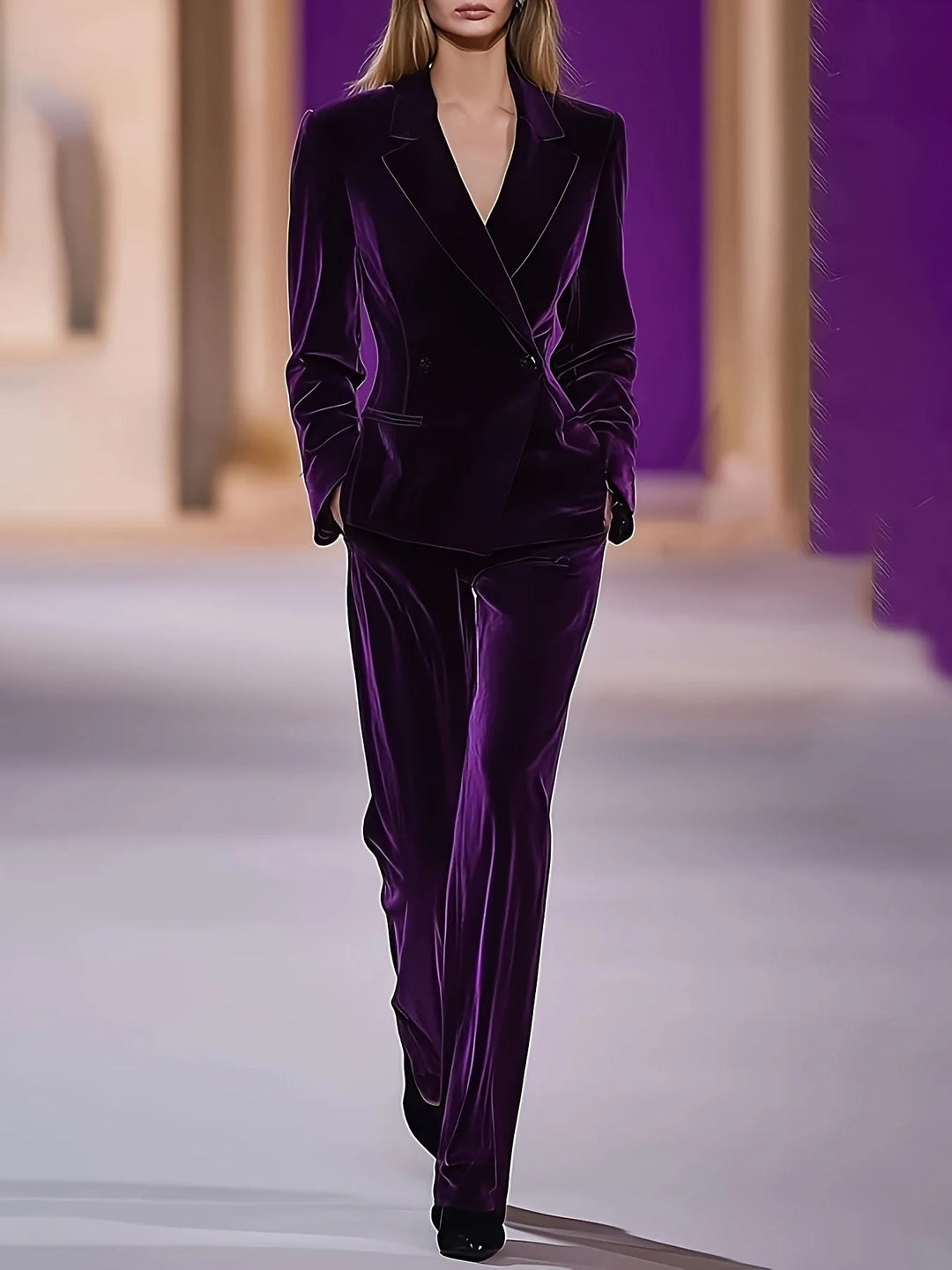 Damen Blazer und Hose Set in samtigem Lila, aus weichem Material, mit elegantem Schnitt für formelle Anlässe.