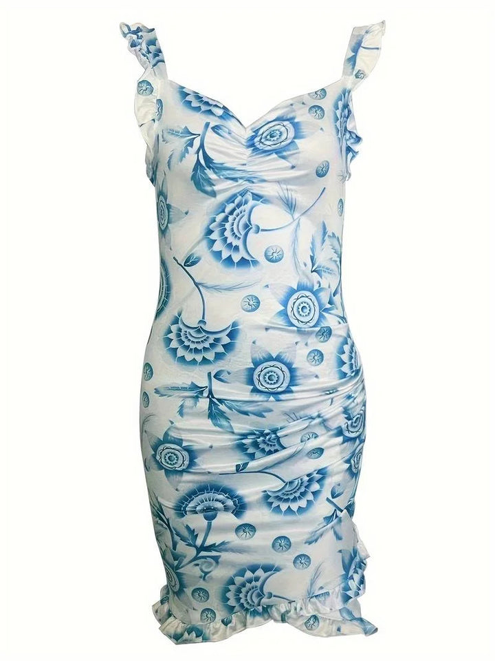 Damen Blumen-Minikleid aus leichtem Stoff mit V-Ausschnitt und Rüschen, ideal für den Sommerstil.