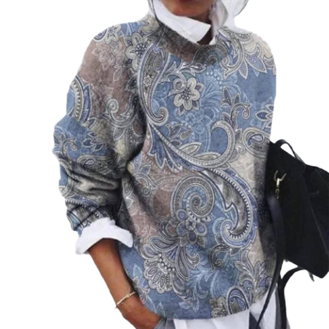Damen Blumenpullover in Blau mit Paisley-Muster, Rundhalsausschnitt und weichem, bequemem Material. Ideal für den Alltag.
