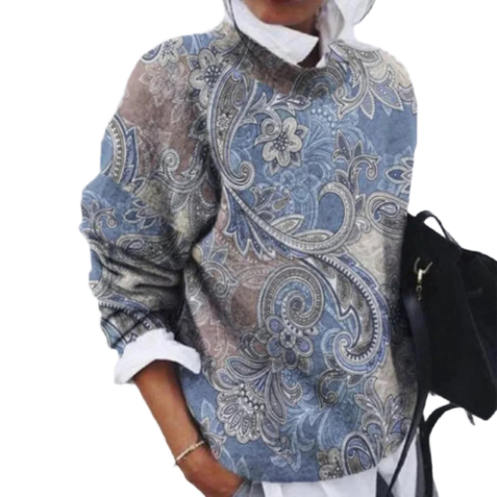 Damen Blumenpullover in Blau mit Paisley-Muster, Rundhalsausschnitt und weichem, bequemem Material. Ideal für den Alltag.