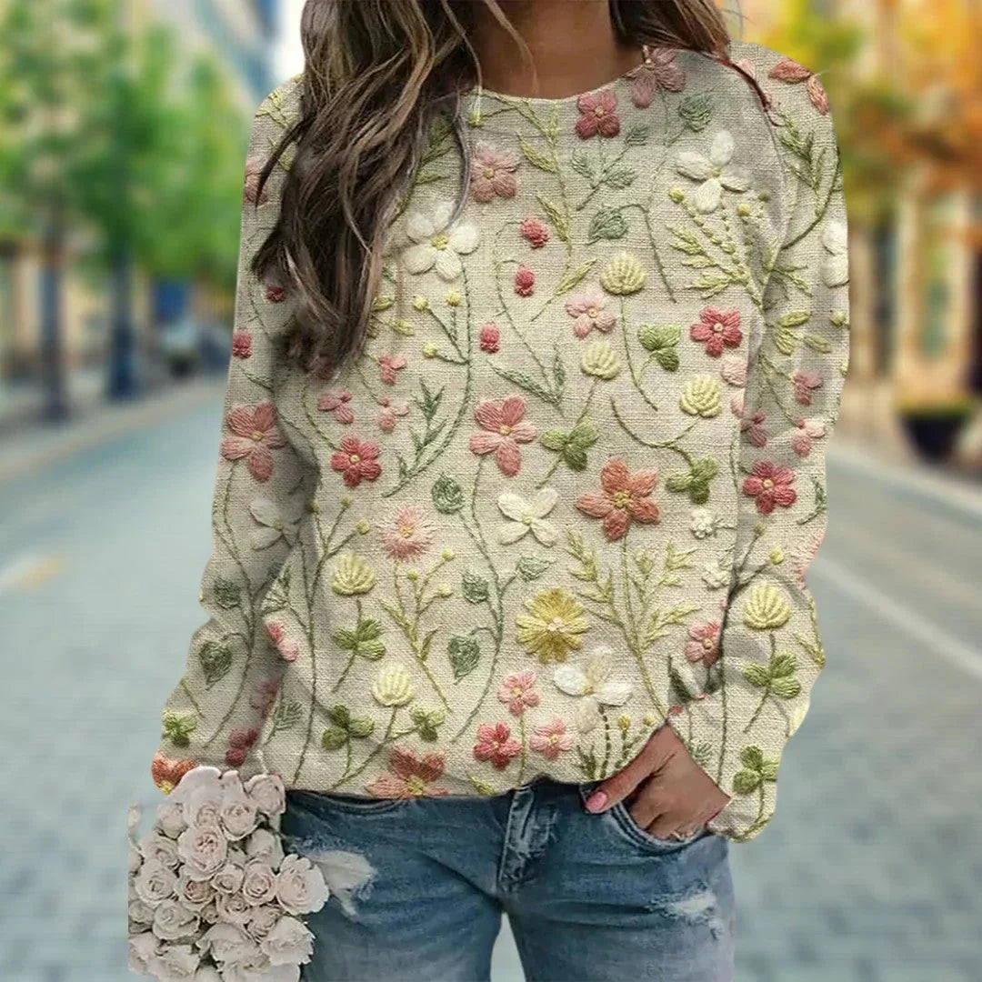 Beiger Damen Blumenpullover mit aufwendiger Stickerei, aus weichem Material für angenehmen Tragekomfort und stilvollen Look.