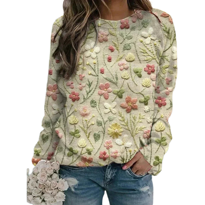 Beiger Damen Blumenpullover mit aufwendiger Stickerei, aus weichem Material für angenehmen Tragekomfort und stilvollen Look.