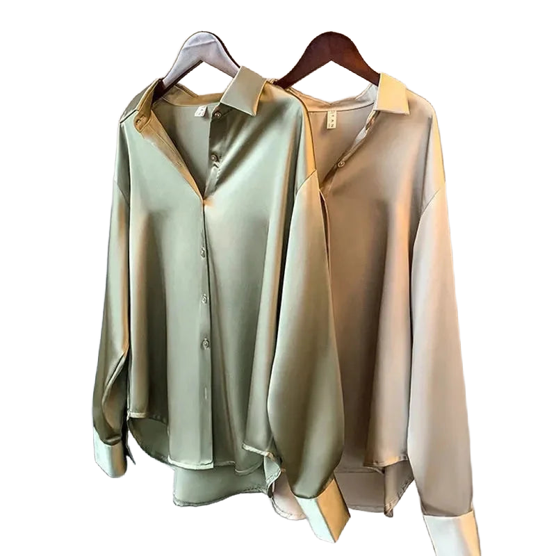 Damen Bluse aus Satin, lange Ärmel, sanfter Glanz, bequeme Passform, ideal für Freizeit und formelle Anlässe.
