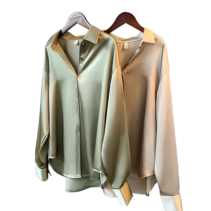 Damen Bluse aus Satin, lange Ärmel, sanfter Glanz, bequeme Passform, ideal für Freizeit und formelle Anlässe.
