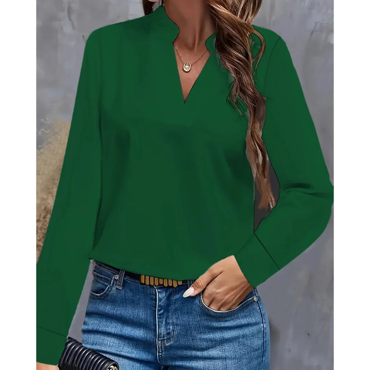 Damen Langarmbluse in Grün mit V-Ausschnitt, aus weichem Stoff, ideal für Büro-Umgebungen, bietet komfortable Passform.
