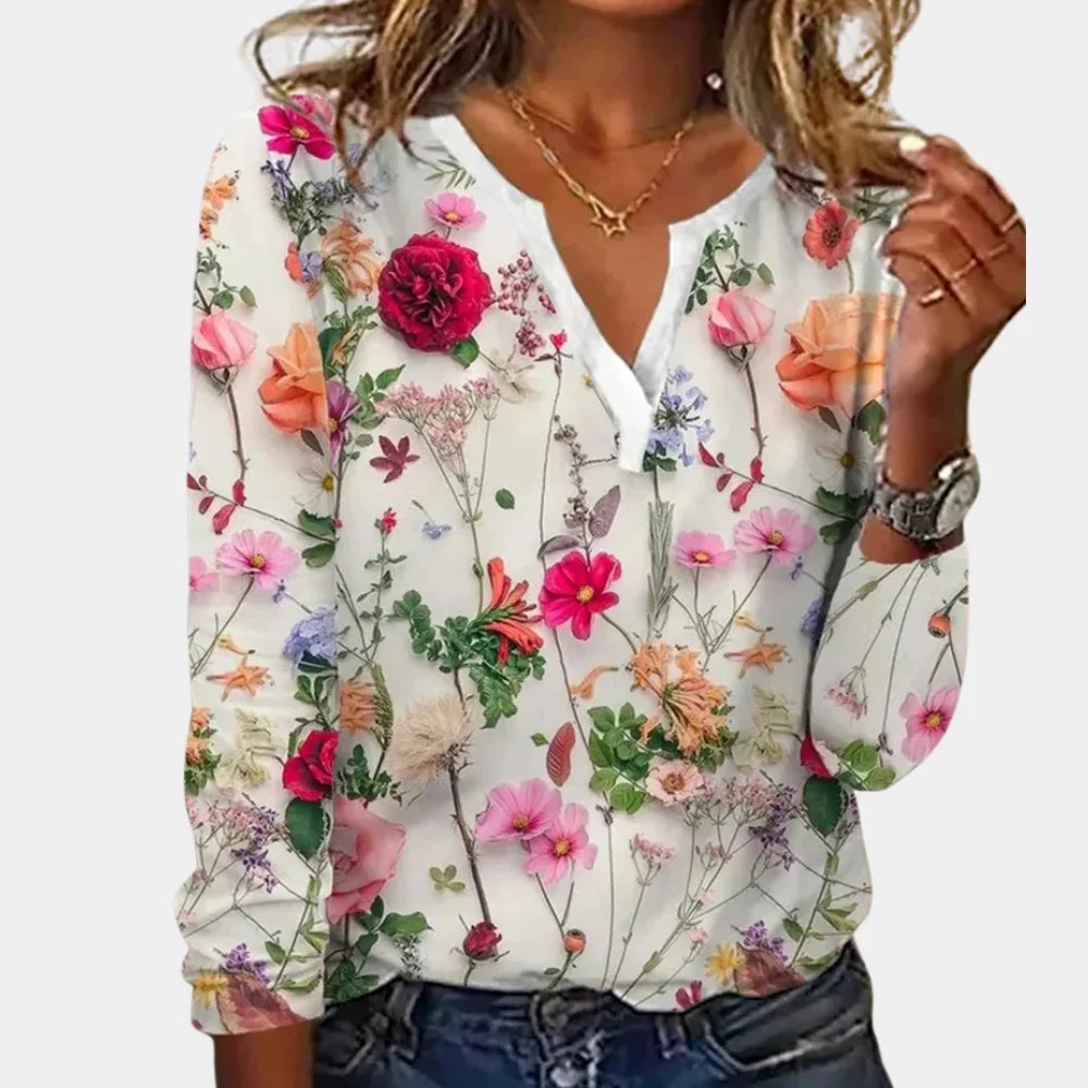 Damen Bluse in Weiß mit floralem Muster, V-Ausschnitt und leichtem Baumwollmaterial für jeden Anlass.
