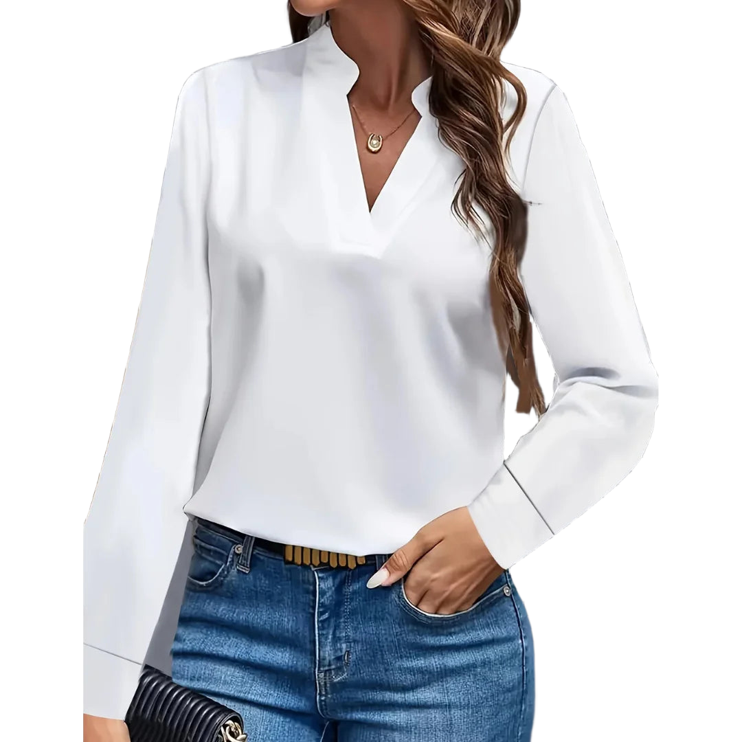 Weißes Langarm-Damenbluse mit V-Ausschnitt, aus leichter Baumwollmischung, ideal für das Büro, schlicht und elegant.