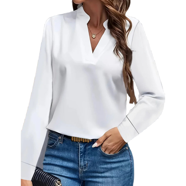 Weißes Langarm-Damenbluse mit V-Ausschnitt, aus leichter Baumwollmischung, ideal für das Büro, schlicht und elegant.
