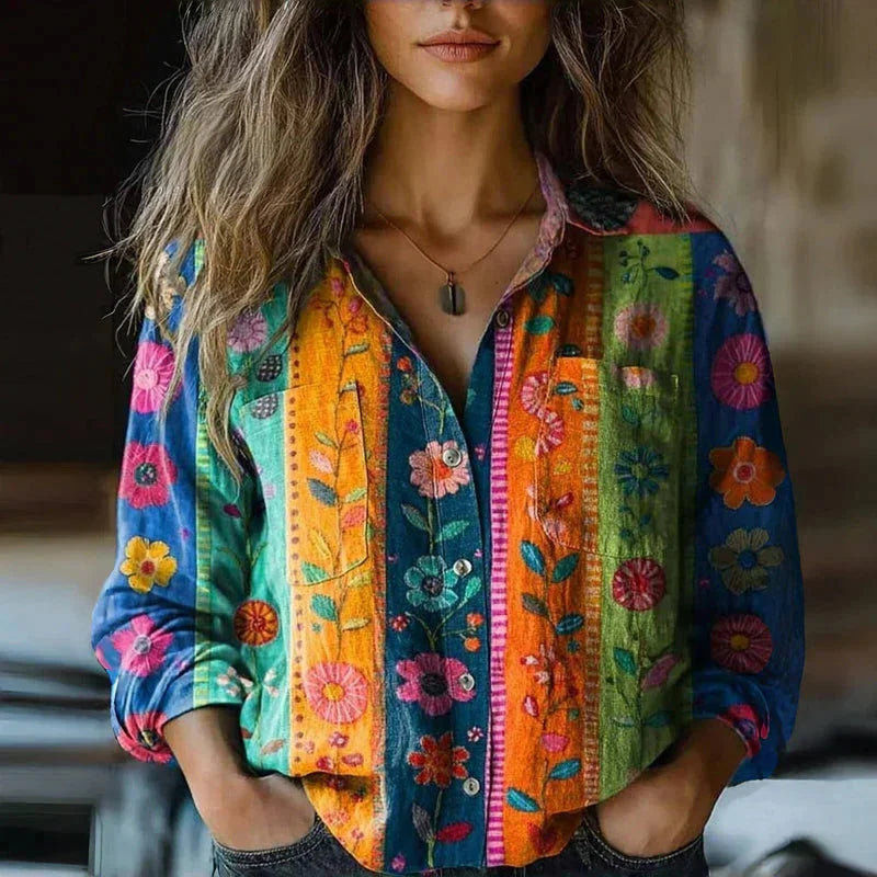 Damen Bluse mit Vintage-Print und Knopfleiste, aus leichtem Baumwollmix, ideal für lässige Anlässe, Mehrfarbig.