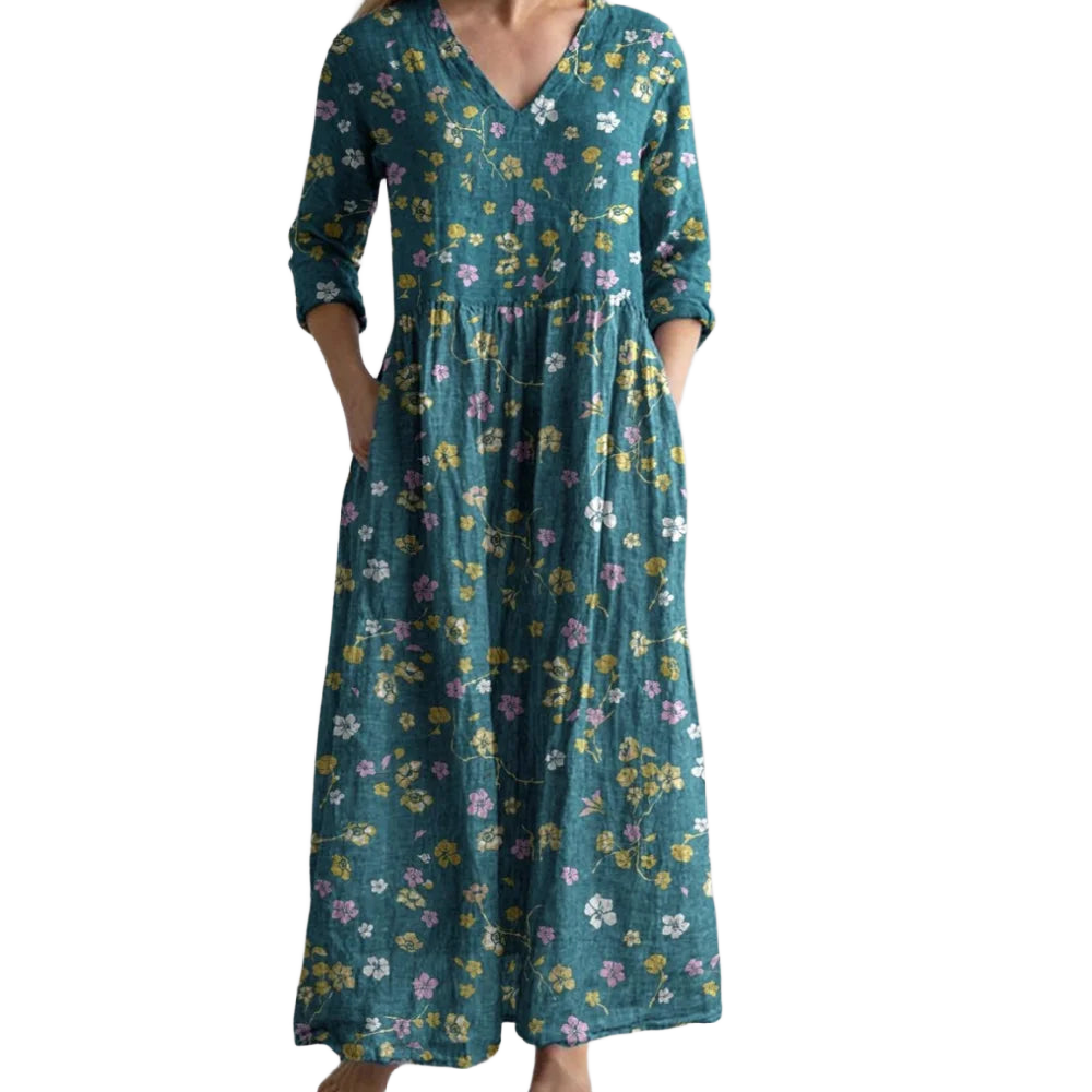 Grünes Damen Boho Maxikleid mit Blumenmuster, leichtes Material, perfekt für den Sommer, lang und luftig.