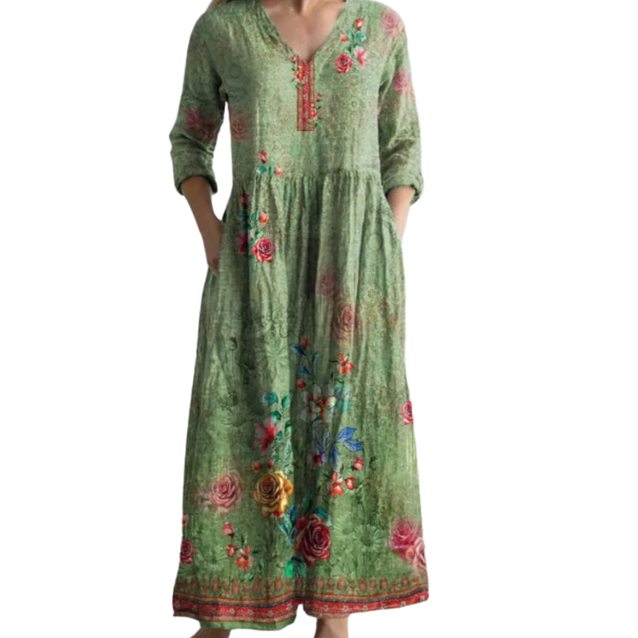 Grünes Maxikleid für Damen mit Blumenmuster, perfekt für den Boho-Look. Aus leichtem Stoff mit figurschmeichelnder Passform.