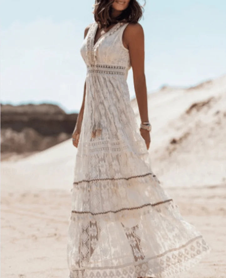Maxikleid aus Boho Spitze mit V-Ausschnitt und asymmetrischem Saum für Damen