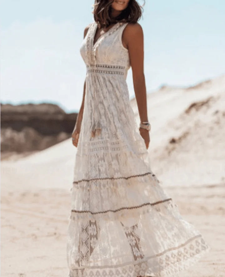 Maxikleid aus Boho Spitze mit V-Ausschnitt und asymmetrischem Saum für Damen
