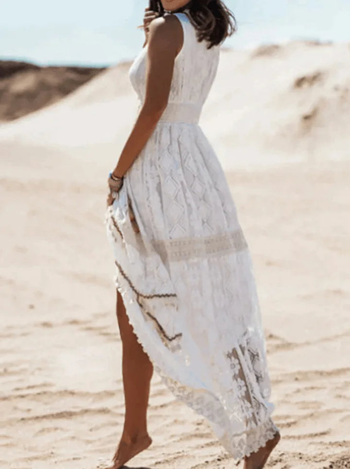 Maxikleid aus Boho Spitze mit V-Ausschnitt und asymmetrischem Saum für Damen