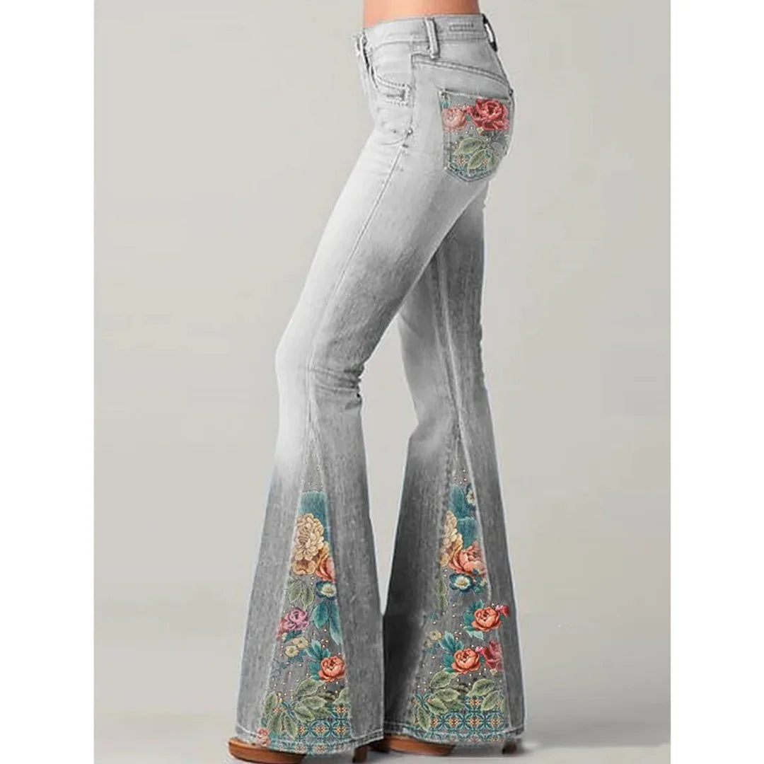 Graue Damen Jeans mit Boho-Stickerei und Schlagpassform, gefertigt aus hochwertigem Baumwollmix für Komfort und Stil.