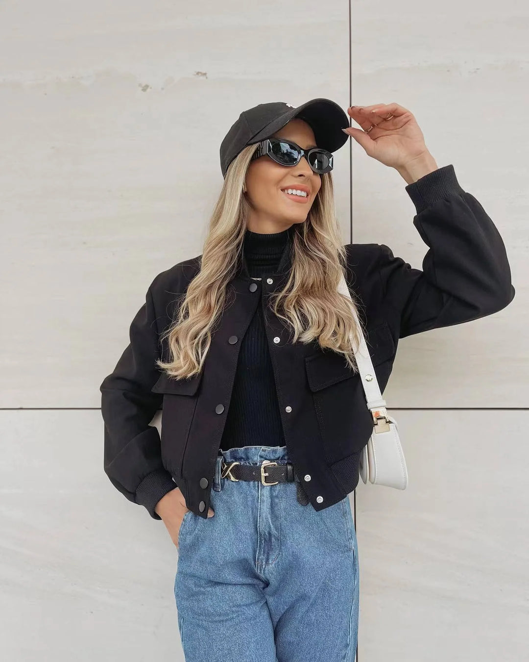 Damen Bomberjacke in Blouson-Optik mit Taschendetail