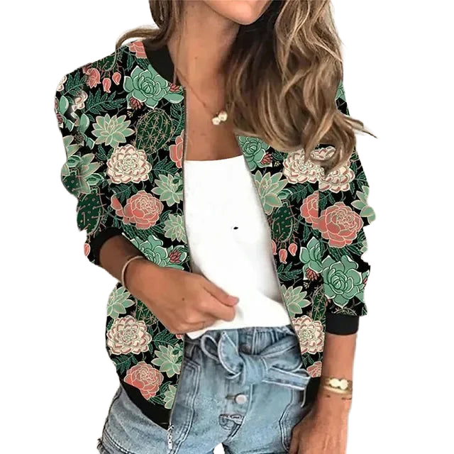 Damen Bomberjacke mit Blumenmuster und schwarzen Bündchen