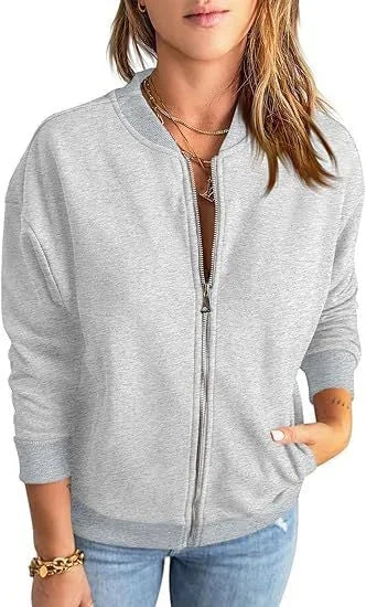 Grau Damen Bomberjacke mit Reißverschluss, Taschen und angenehmem Material, ideal für lässige Anlässe.