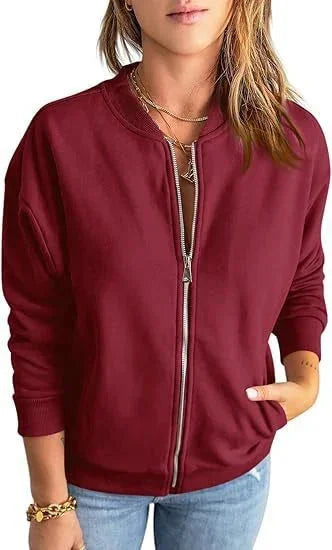 Rote Damen Bomberjacke aus Polyester mit Reißverschluss und praktischen Taschen für lässige Looks.