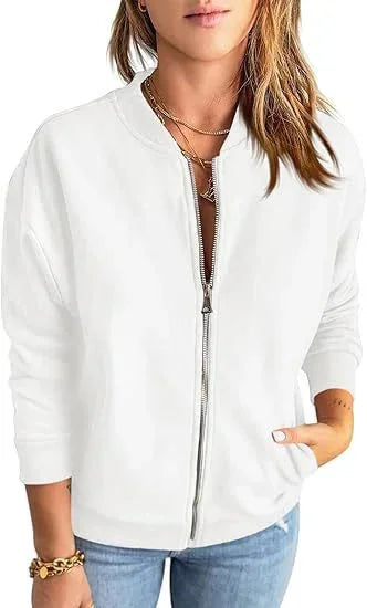 Weißer Damen Bomberjacke mit Reißverschluss, Taschen und leichtem Material, ideal für Freizeitoutfits.