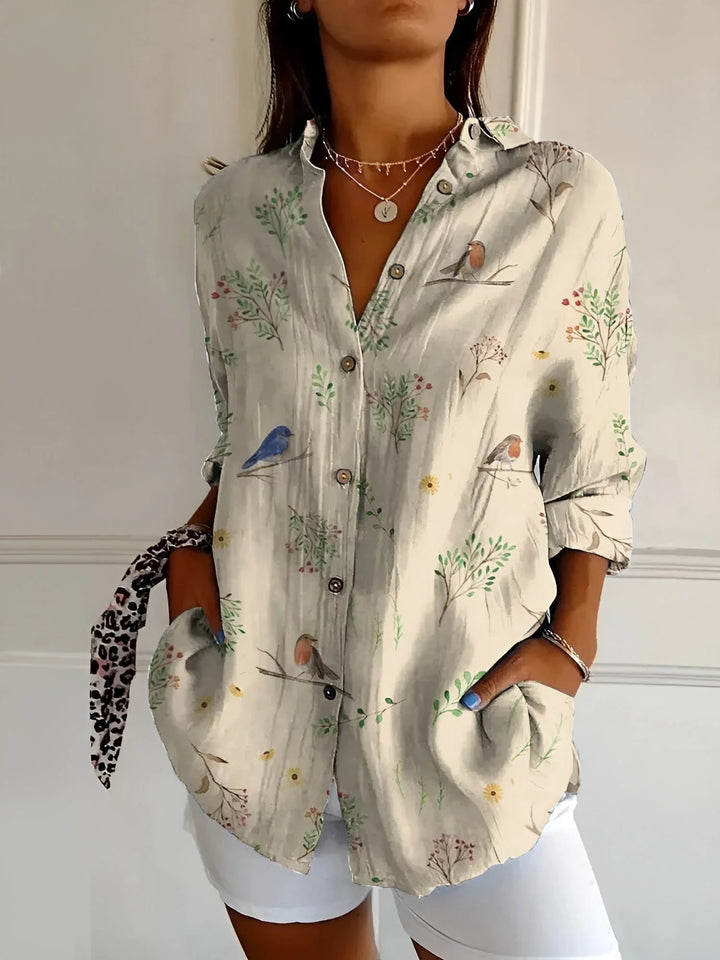 Damen Button-Down-Hemd mit Langarm und Blumenmuster in Vögel, Baumwollmischung, schlichtes Design mit floraler Verzierung