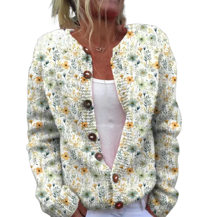 Grüner Damen Cardigan mit Blumenmuster, Knopfdetails und weichem Material, ideal für Frühlingsoutfits. Fast ausverkauft.