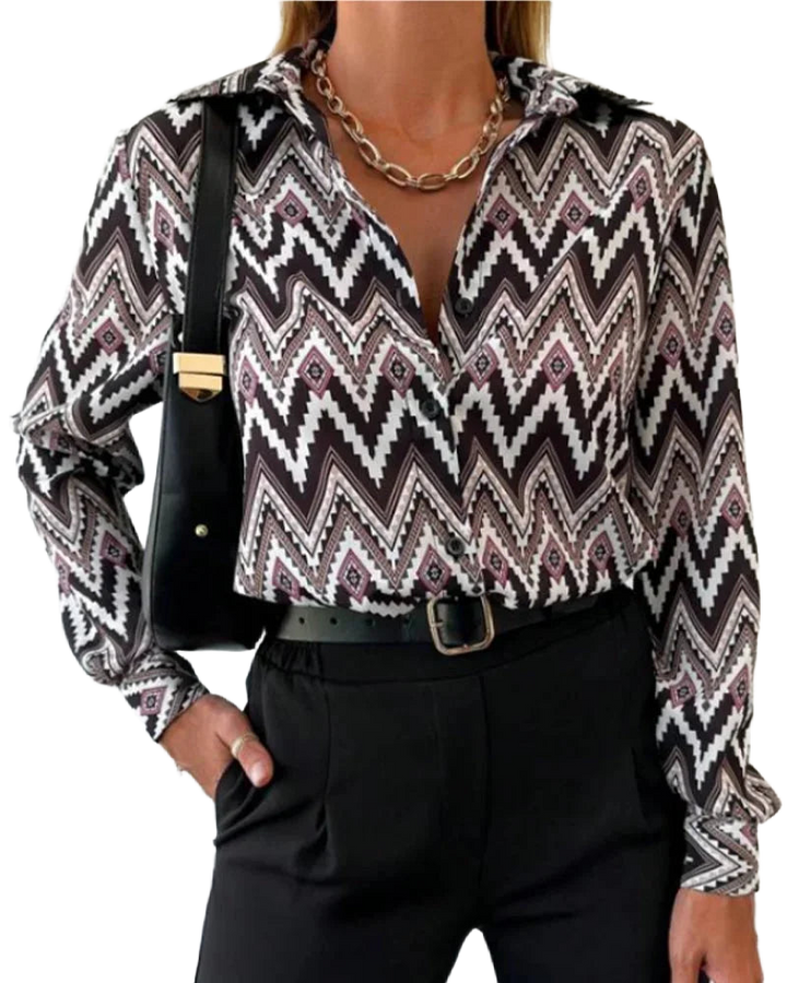 Damen Schwarz-Weiß Chevron Bluse mit langen Ärmeln aus leichtem Baumwollmaterial, ideal für legere Anlässe.