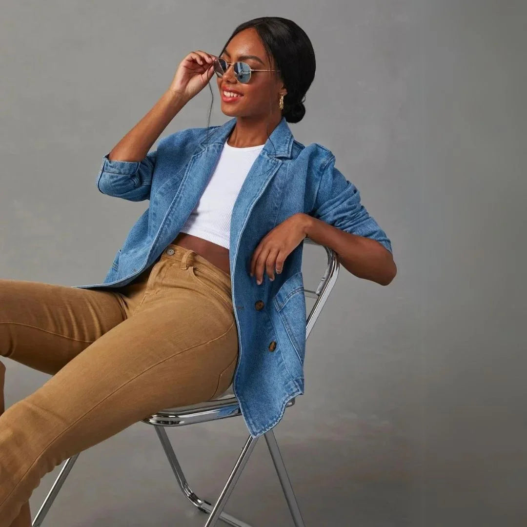 Damen Denim Blazer in Blau mit praktischen Taschen und eleganten Knopfdetails für einen lässigen Look.