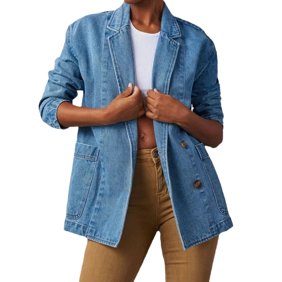 Damen Denim Blazer mit Taschen und Knopfdetails, aus weichem Baumwollgemisch, ideal für lässige Anlässe.