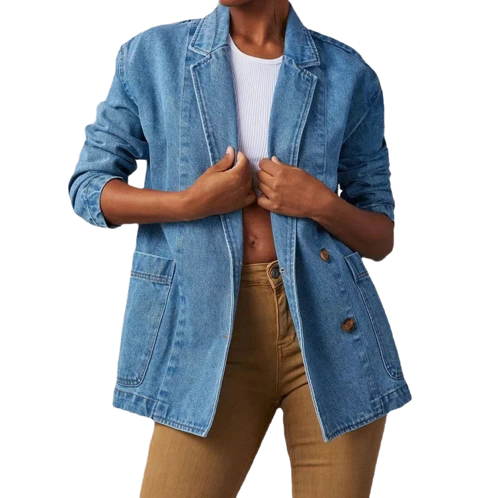 Damen Denim Blazer mit Taschen und Knopfdetails, aus weichem Baumwollgemisch, ideal für lässige Anlässe.