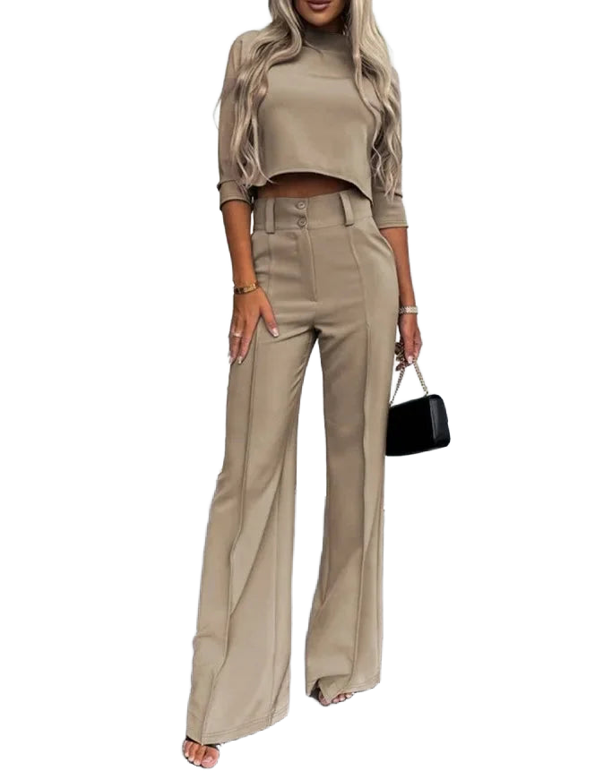 Zweiteiliges Set für Damen aus leichtem, fließendem Stoff mit weitem Bein und modernem Schnitt in sanften Farbnuancen.