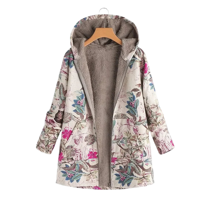 Beige Damen Parka mit Blumenmuster, weich gefüttert, ideal für kühle Tage, mit Kapuze und praktischen Taschen.
