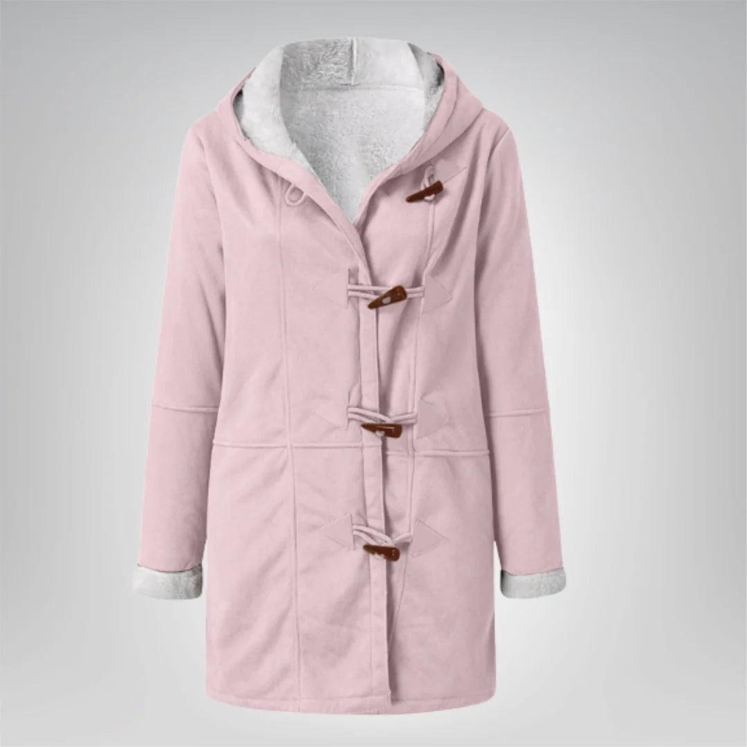 Rosa Damen Fleecejacke mit Kapuze und Taschen, weicher Stoff, lässiger Schnitt, ideal für Freizeitaktivitäten und kühle Tage.