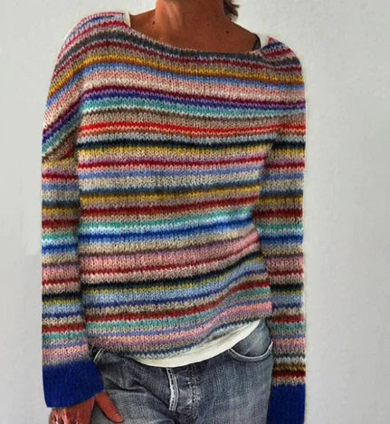 Gestreifter Herbstpullover für Damen aus weichem Material mit Rundhalsausschnitt und lässigem Schnitt für jeden Tag.