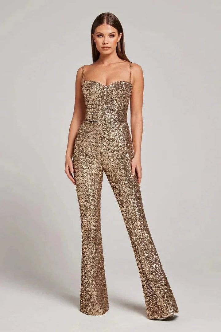 Damen Glitzer-Overall ohne Träger mit Taillengürtel – High-quality product image.
