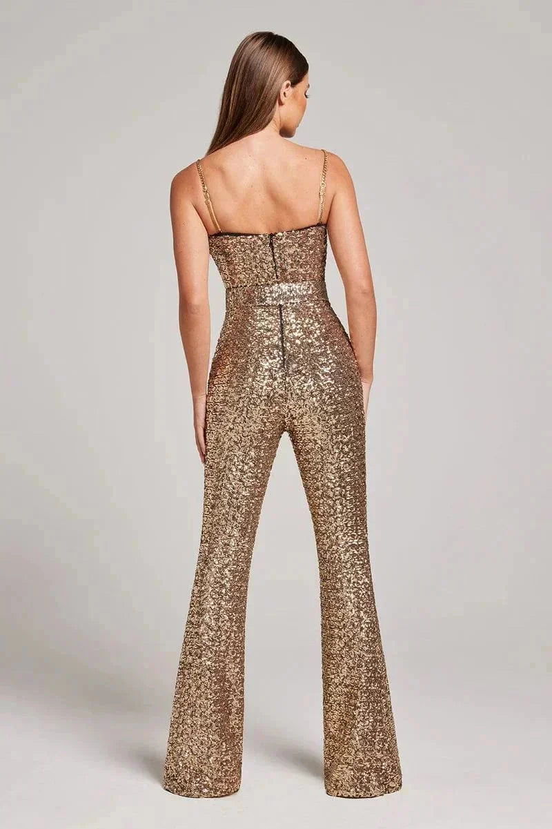 Damen Glitzer-Overall ohne Träger mit Taillengürtel – High-quality product image.