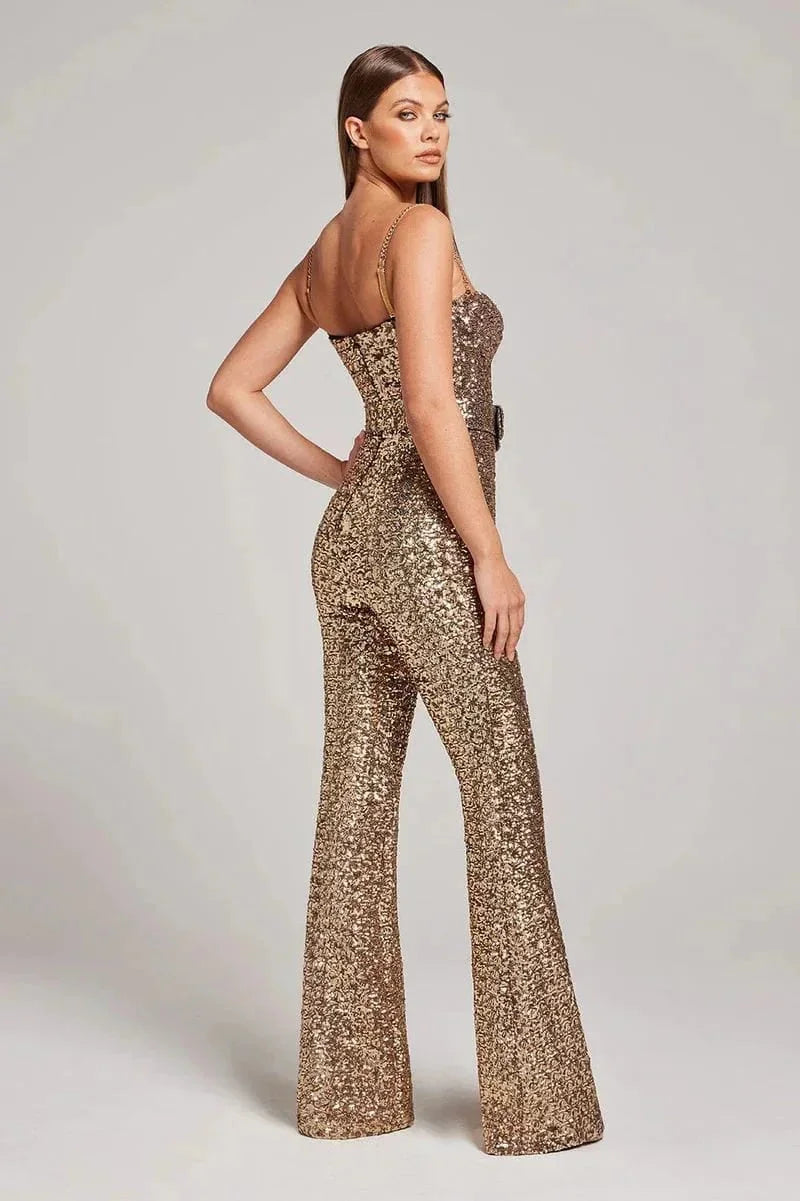Damen Glitzer-Overall ohne Träger mit Taillengürtel – High-quality product image.