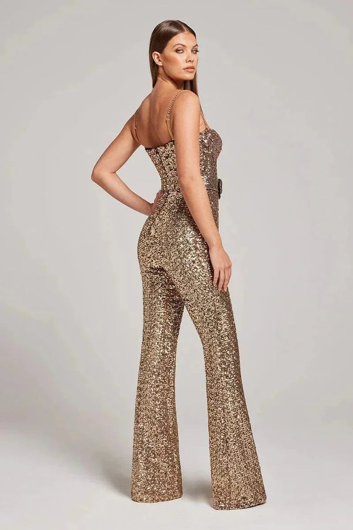 Damen Glitzer-Overall ohne Träger mit Taillengürtel – High-quality product image.