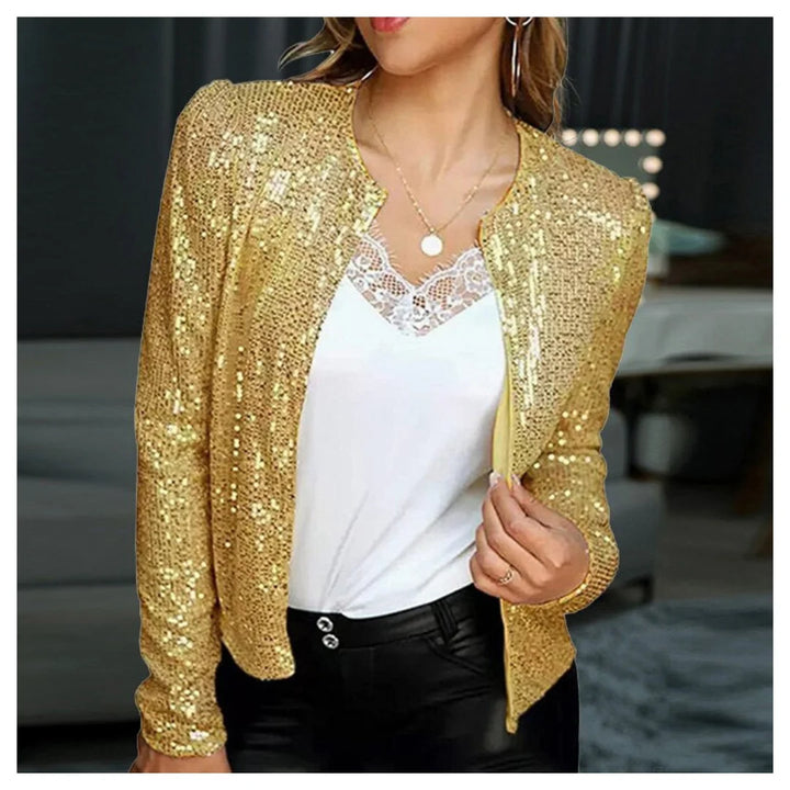 Damen Partyjacke in Gold, glitzerndes Material, moderner Reißverschluss und eleganter Schnitt für besondere Anlässe.
