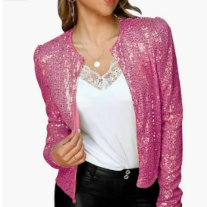 Rote Damen Partyjacke mit glitzerndem Stoff und Reißverschluss, ideal für festliche Anlässe und modische Akzente.
