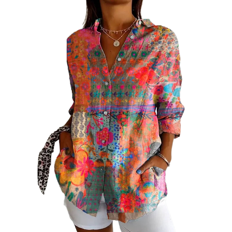 Damen Hemd mit Blumenmuster und langen Ärmeln in Multicolor, weichem Stoff, ideal für den Frühling und Sommer.