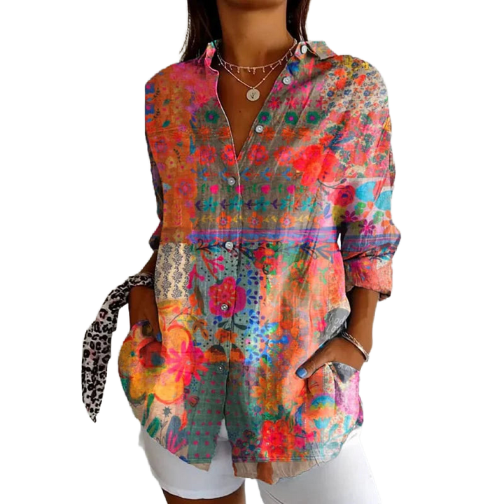 Damen Hemd mit Blumenmuster und langen Ärmeln in Multicolor, weichem Stoff, ideal für den Frühling und Sommer.