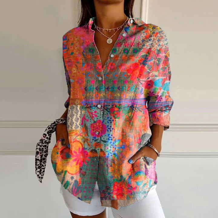 Damen Hemd mit Blumenmuster und langen Ärmeln in Multicolor, weichem Stoff, ideal für den Frühling und Sommer.