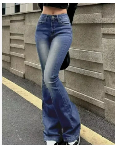 Damen High-Waist Flared Jeans in Blau aus Baumwollstretch mit bequemer Passform und weitem Bein für Alltag und Freizeit.